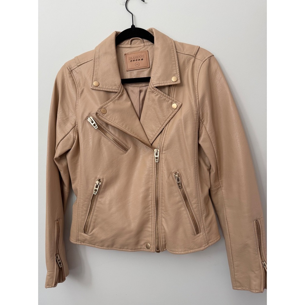BlankNYC Women's Medium Beige Faux Leather Moto Jacket Gold Zip Biker